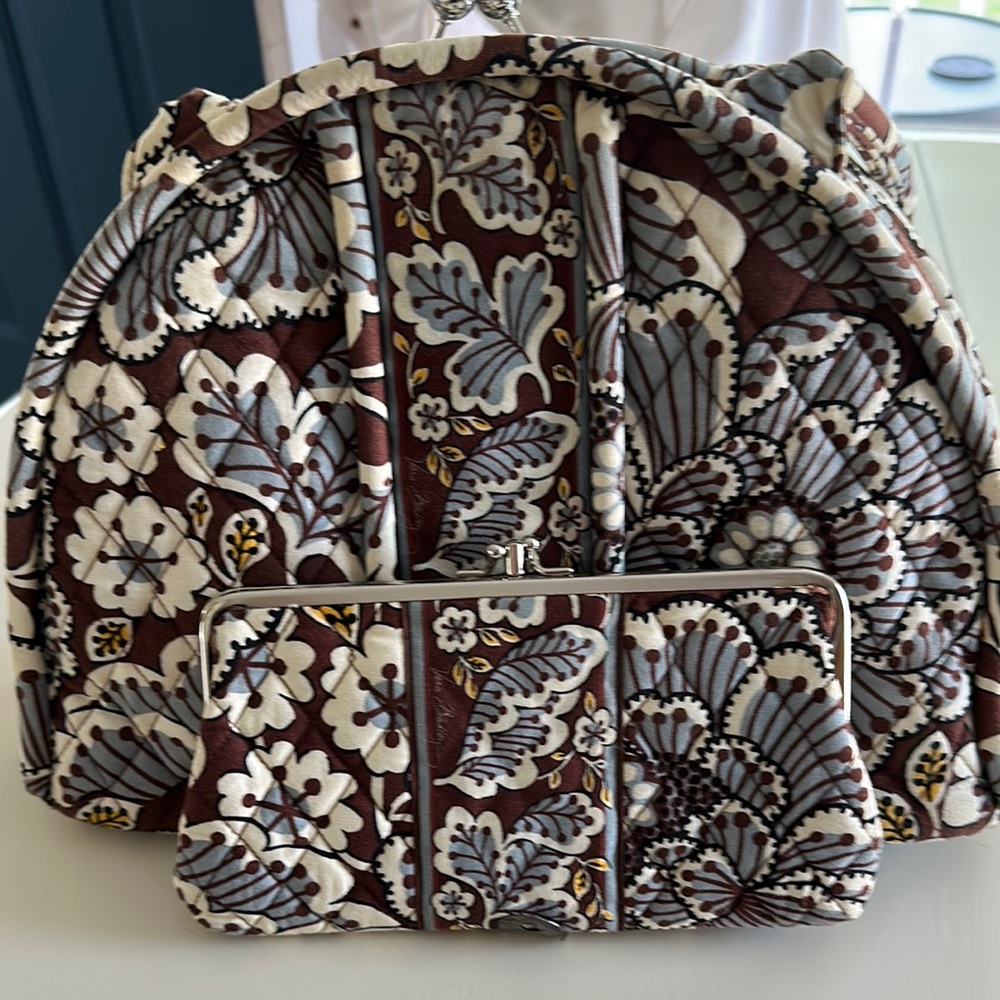 Vera Bradley Floral Patterned Brown and Gray Women's Bag and Wallet Set